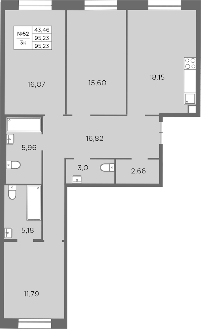 3-комнатная квартира 95.23 м², 3/7 эт., ЖК «Северная Корона»